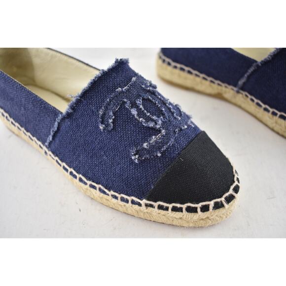 Chanel REV Blue Black Linen Canvas CC Logo Double Sole Espadrille Flat 37 RARE - Picture 5 of 14